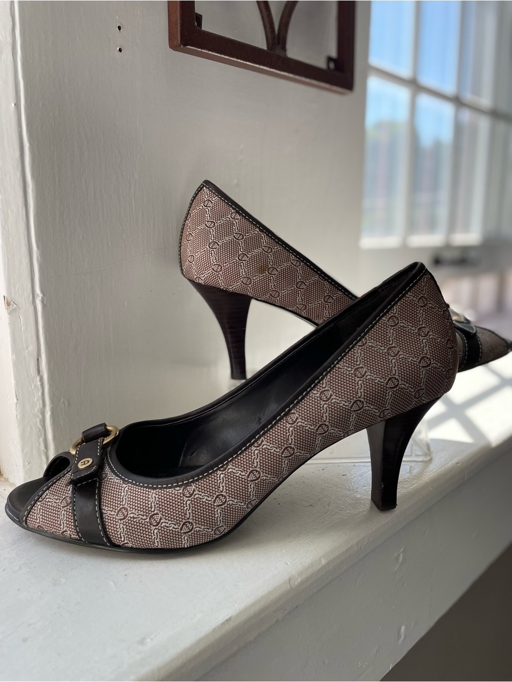 Etienne Aigner Brown Signature Monogram Patterned Gold Accent Peep-Toe Heels 9